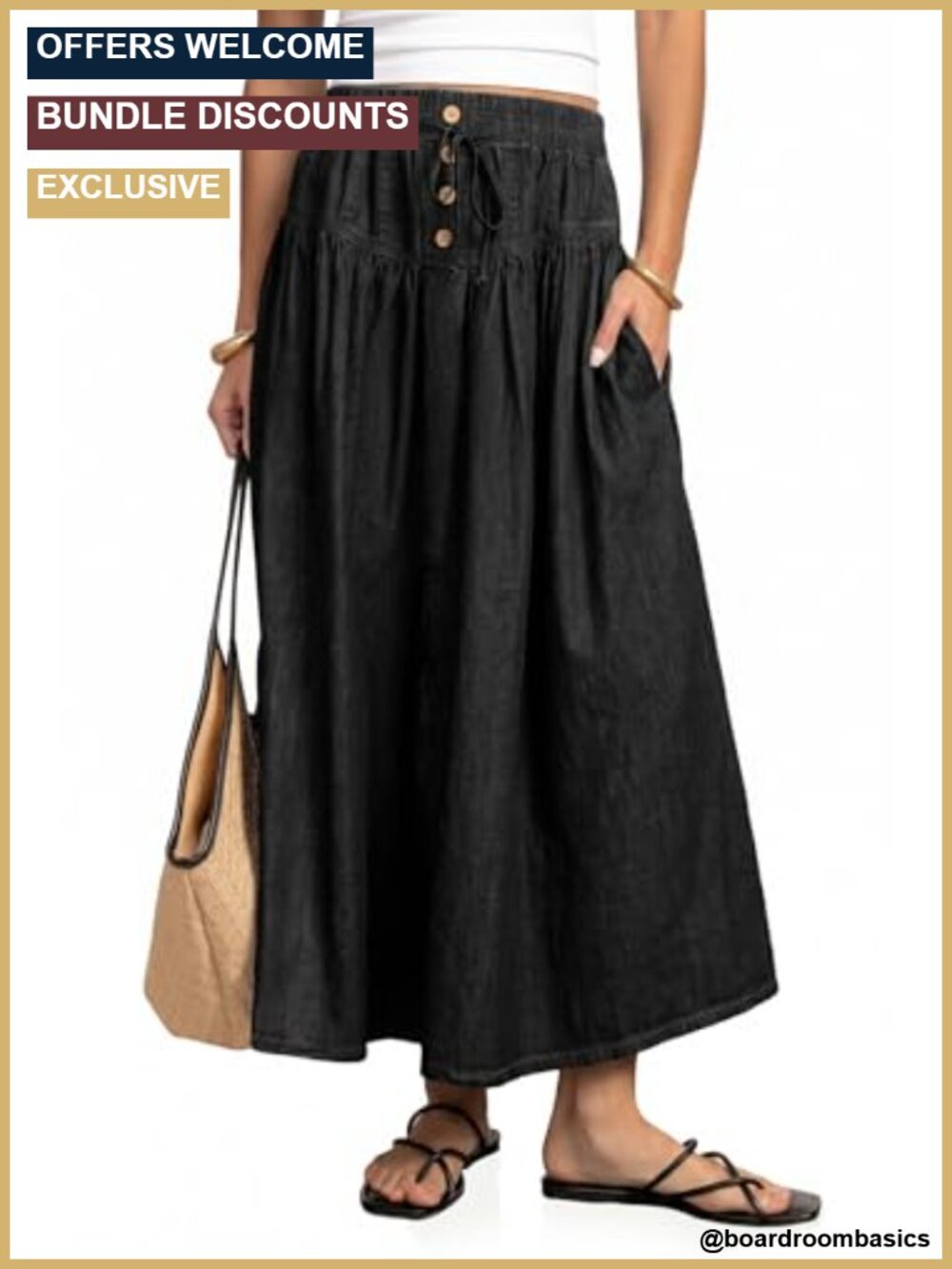 Women's High Waisted Denim Midi Skirt Casual A-Line Button Front Pleated Cotton